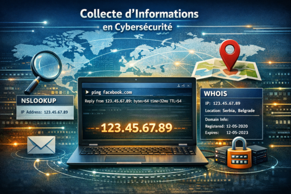 Illustration d’un ordinateur affichant un terminal avec les commandes PING, NSLOOKUP et WHOIS