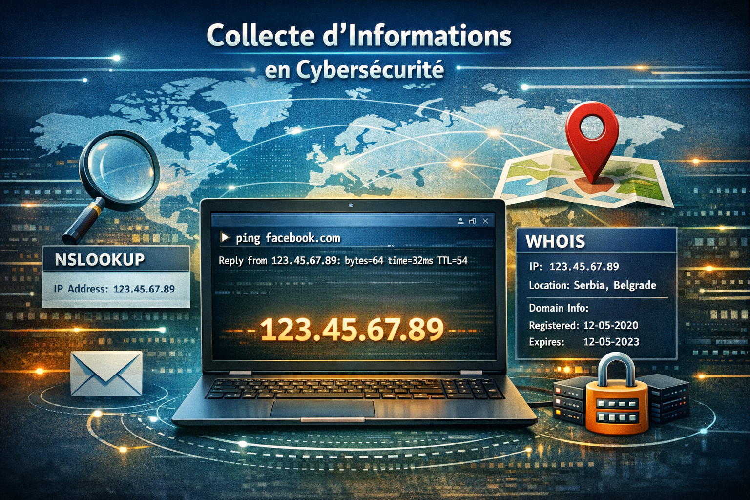 Illustration d’un ordinateur affichant un terminal avec les commandes PING, NSLOOKUP et WHOIS