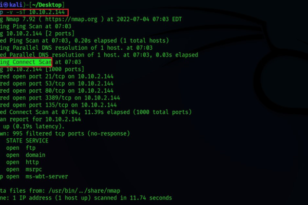 Scan avancé Nmap montrant la détection des ports ouverts, des services et des scripts de sécurité réseau